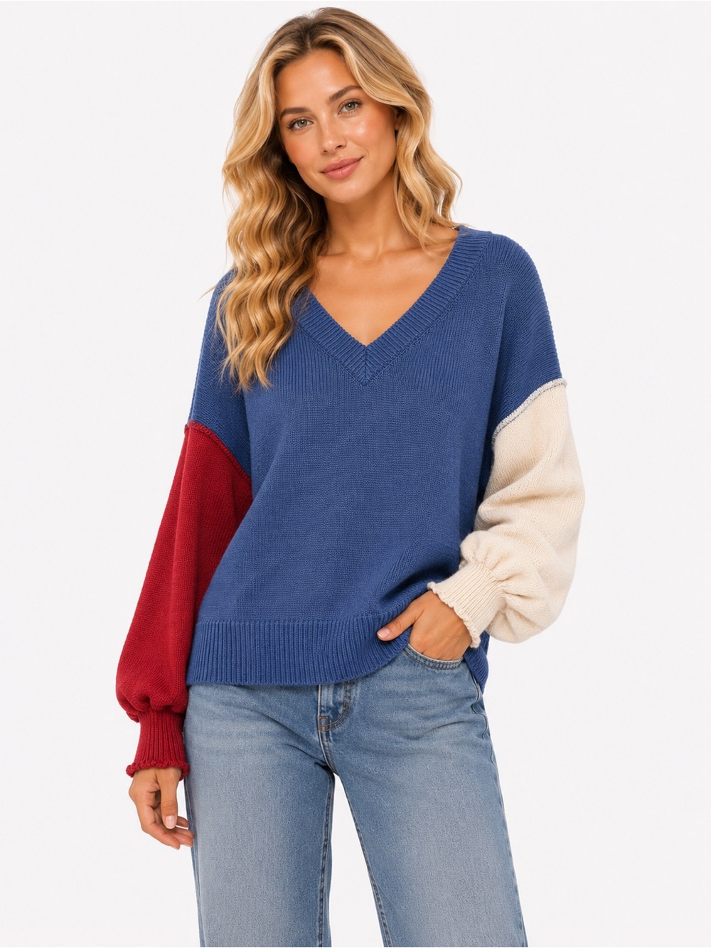 POL Size Medium V-Neck Colorblock Balloon Sleeve Sweater - Blue/Red/Cream